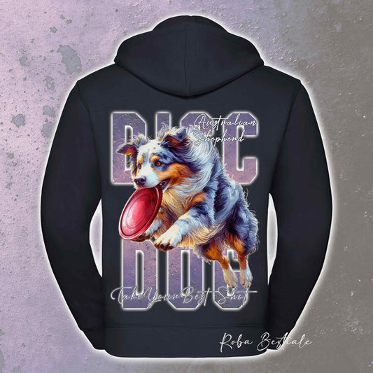 Felpa APTITUDE - DISC DOG - AUSTRALIAN SHEPHERD Blue Merle Blue Merle - Con Cappuccio e Full Zip, Uomo o Donna, in tanti colori - dalla XS alla 5XL