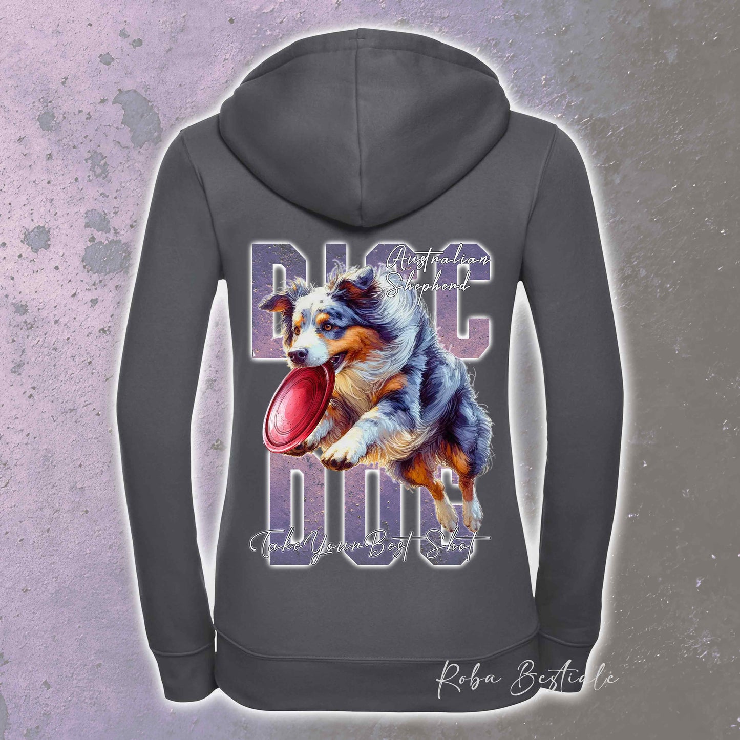 Felpa APTITUDE - DISC DOG - AUSTRALIAN SHEPHERD Blue Merle Blue Merle - Con Cappuccio e Full Zip, Uomo o Donna, in tanti colori - dalla XS alla 5XL
