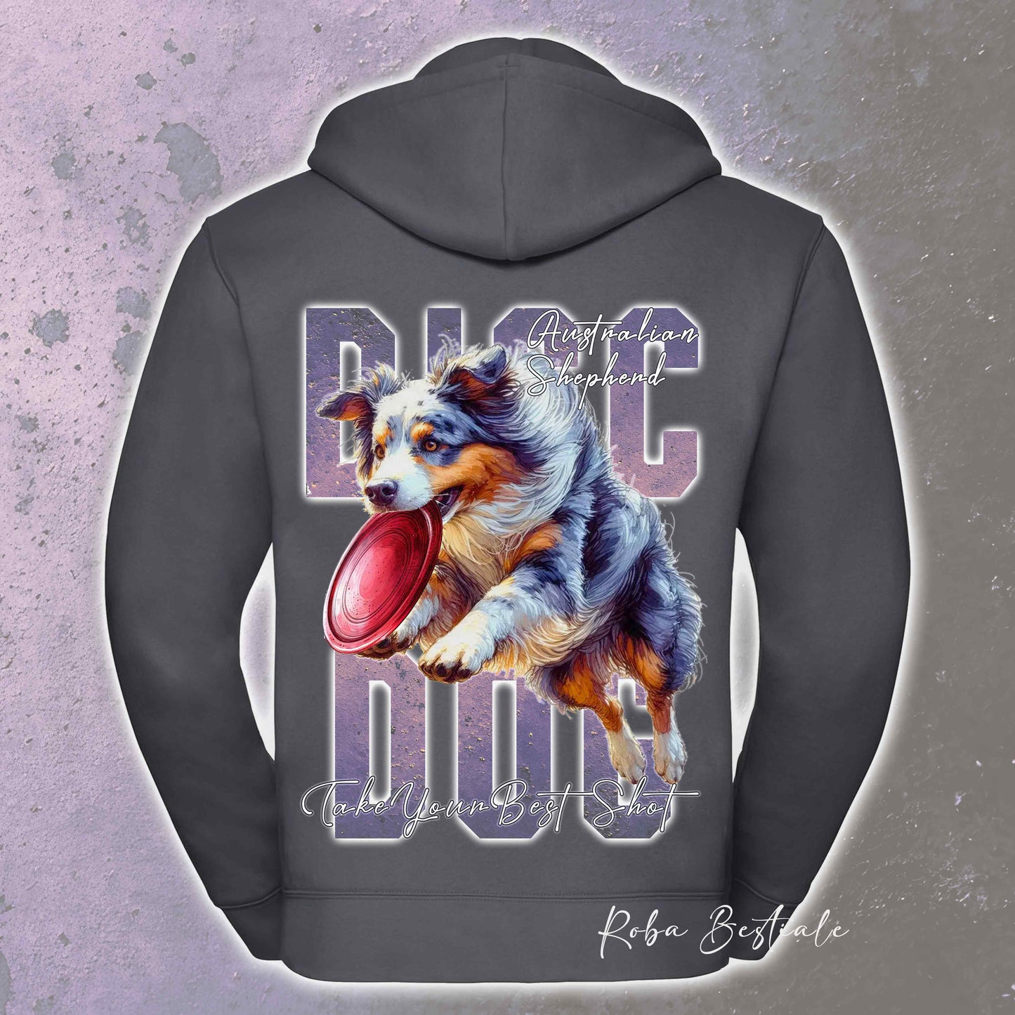 Felpa APTITUDE - DISC DOG - AUSTRALIAN SHEPHERD Blue Merle Blue Merle - Con Cappuccio e Full Zip, Uomo o Donna, in tanti colori - dalla XS alla 5XL
