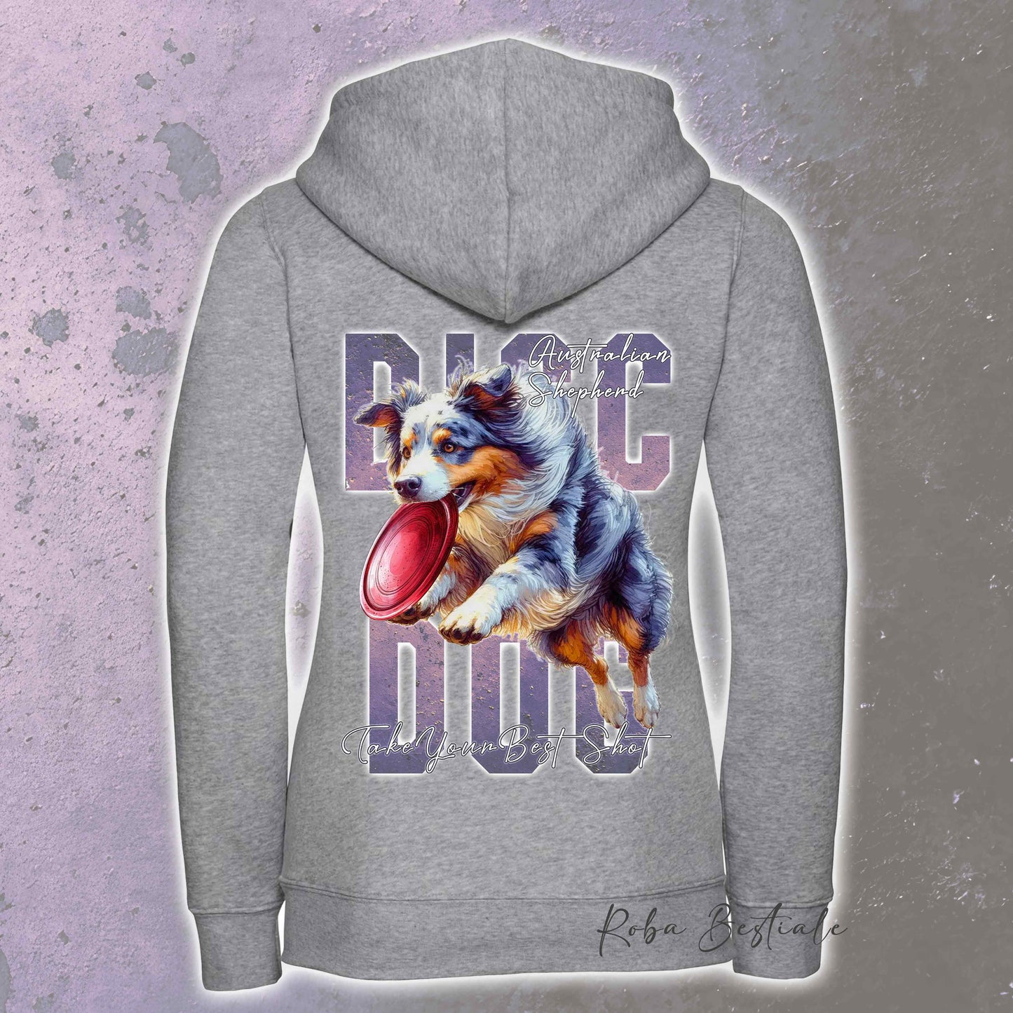 Felpa APTITUDE - DISC DOG - AUSTRALIAN SHEPHERD Blue Merle Blue Merle - Con Cappuccio e Full Zip, Uomo o Donna, in tanti colori - dalla XS alla 5XL