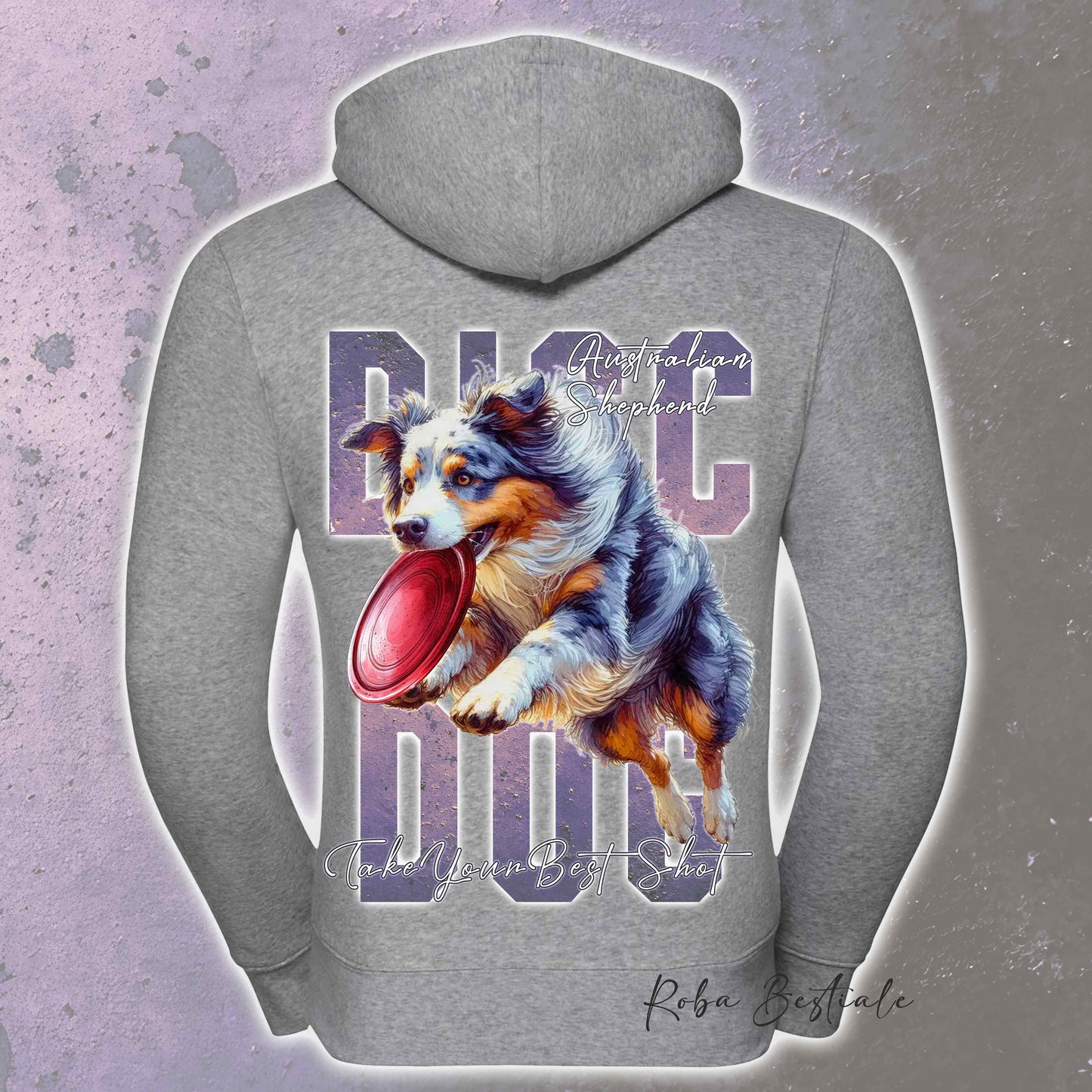 Felpa APTITUDE - DISC DOG - AUSTRALIAN SHEPHERD Blue Merle Blue Merle - Con Cappuccio e Full Zip, Uomo o Donna, in tanti colori - dalla XS alla 5XL