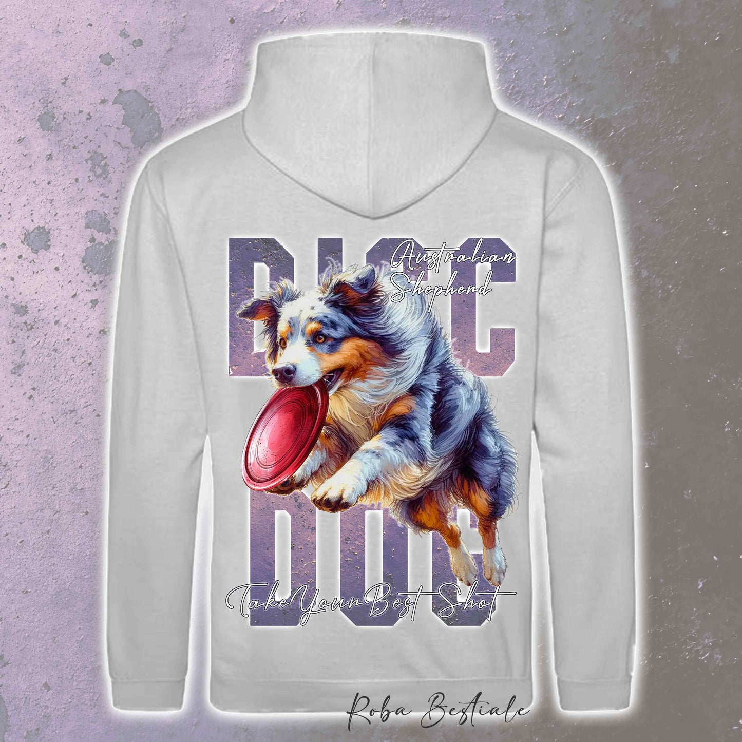 Felpa APTITUDE - DISC DOG - AUSTRALIAN SHEPHERD Blue Merle - Con Cappuccio e Tasconi, Unisex, in tanti colori - dalla XS alla 5XL