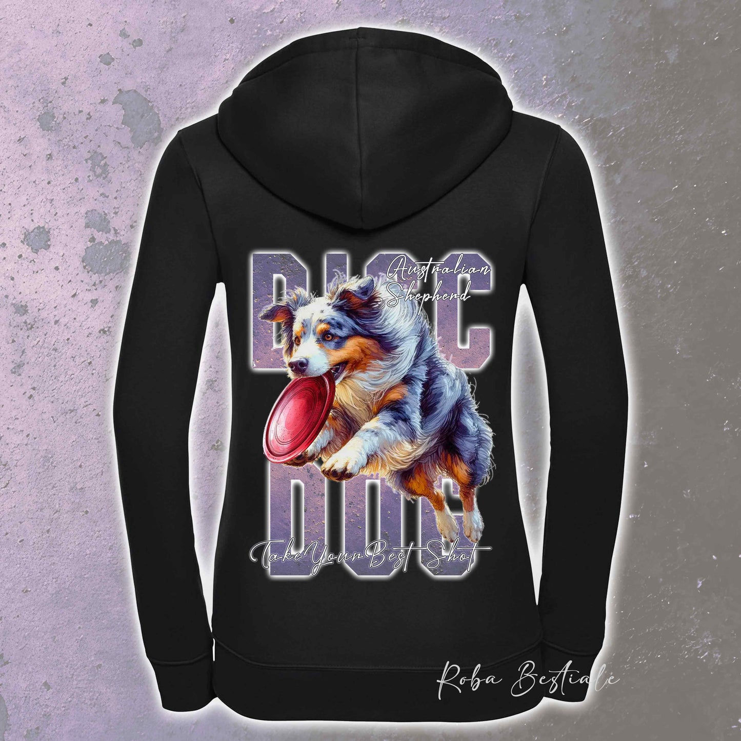 Felpa APTITUDE - DISC DOG - AUSTRALIAN SHEPHERD Blue Merle Blue Merle - Con Cappuccio e Full Zip, Uomo o Donna, in tanti colori - dalla XS alla 5XL