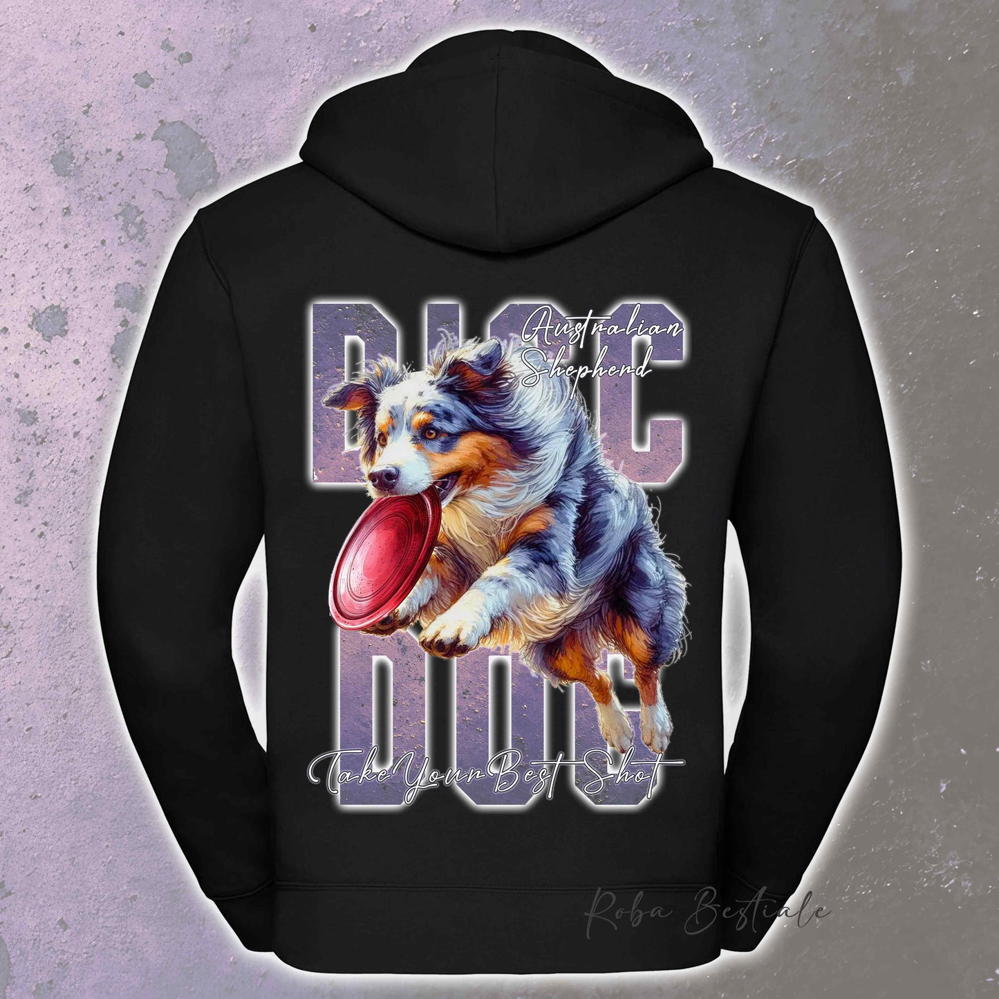 Felpa APTITUDE - DISC DOG - AUSTRALIAN SHEPHERD Blue Merle Blue Merle - Con Cappuccio e Full Zip, Uomo o Donna, in tanti colori - dalla XS alla 5XL