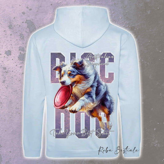 Felpa APTITUDE - DISC DOG - AUSTRALIAN SHEPHERD Blue Merle - Con Cappuccio e Tasconi, Unisex, in tanti colori - dalla XS alla 5XL