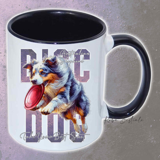 Tazza APTITUDE - DISC DOG - AUSTRALIAN SHEPHERD Blue Merle - In Ceramica, con manico e interno colorato - 330 ml