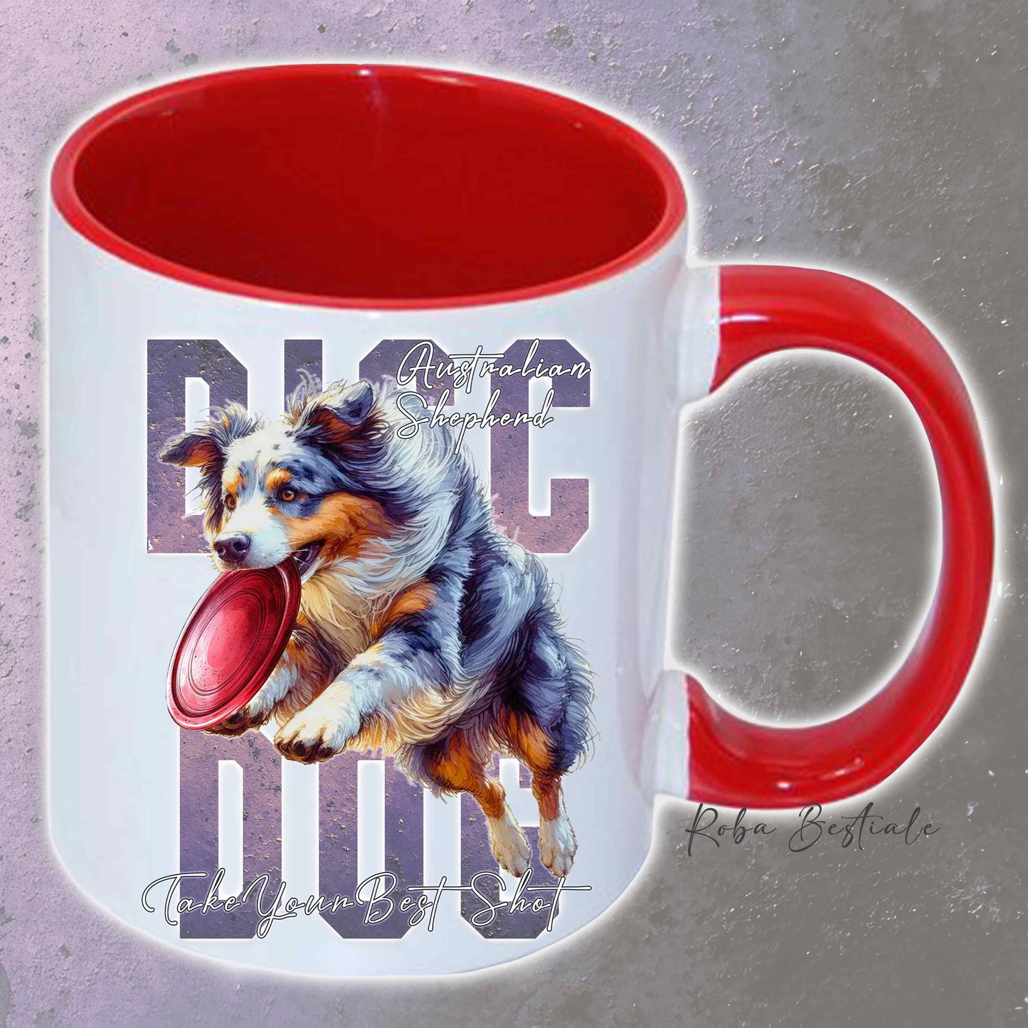 Tazza APTITUDE - DISC DOG - AUSTRALIAN SHEPHERD Blue Merle - In Ceramica, con manico e interno colorato - 330 ml