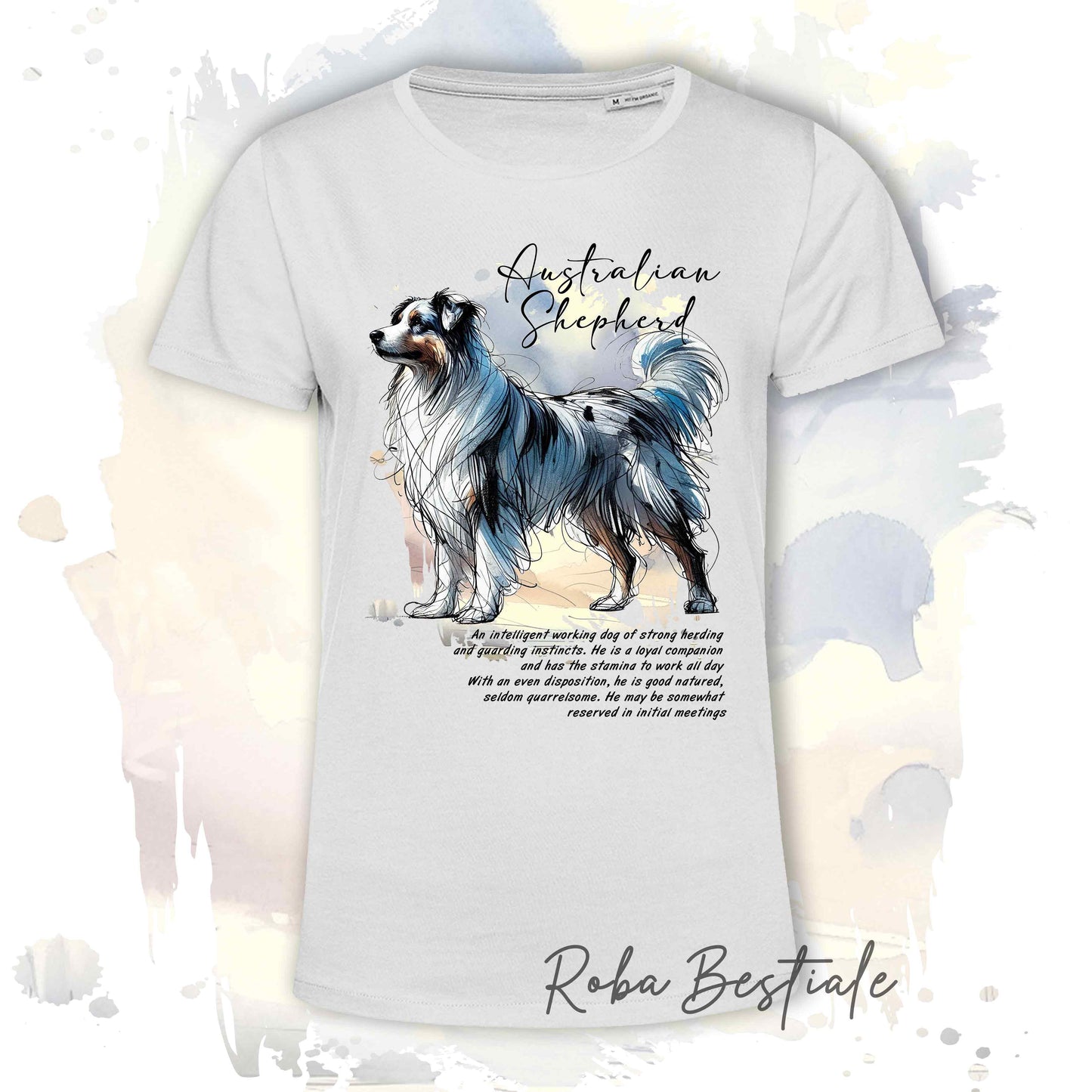 T-Shirt BEHAVIOR - AUSTRALIAN SHEPHERD Blue Merle - Standard FCI - 100% Cotone, Bianca, Uomo o Donna - dalla XS alla 5XL