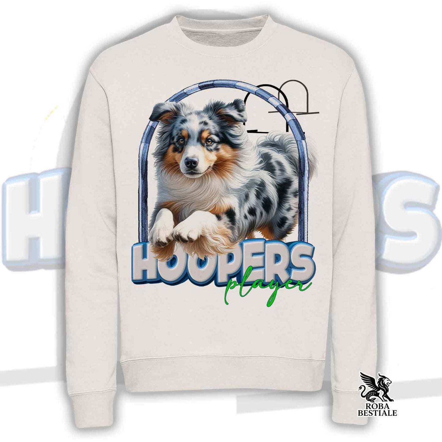 HOOPERS Player Sweatshirt - AUSTRALIAN SHEPHERD Blue Merle - Crewneck, Unisex - White or Beige - from XS to 3XL