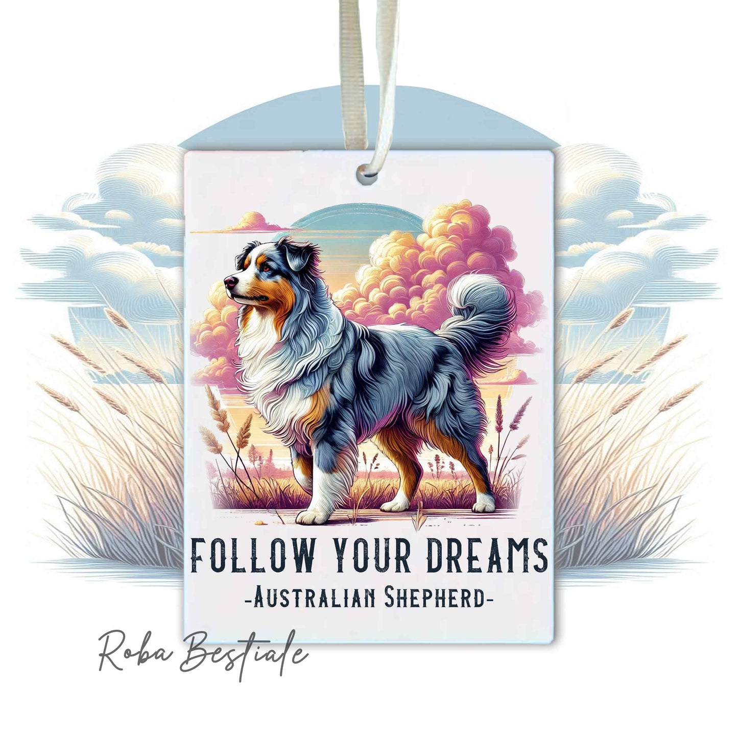 Deodorante Auto QUOTES "DREAM" - AUSTRALIAN SHEPHERD Blue Merle - In Feltro, con cordino - 7,5 x 10 cm