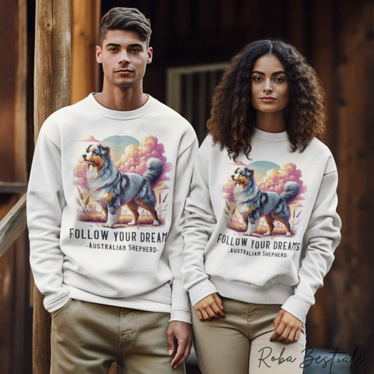 QUOTES "DREAM" Winter Sweatshirt - AUSTRALIAN SHEPHERD Blue Merle - Crew Neck, Unisex - Off White, White or Grey - XS to 3XL