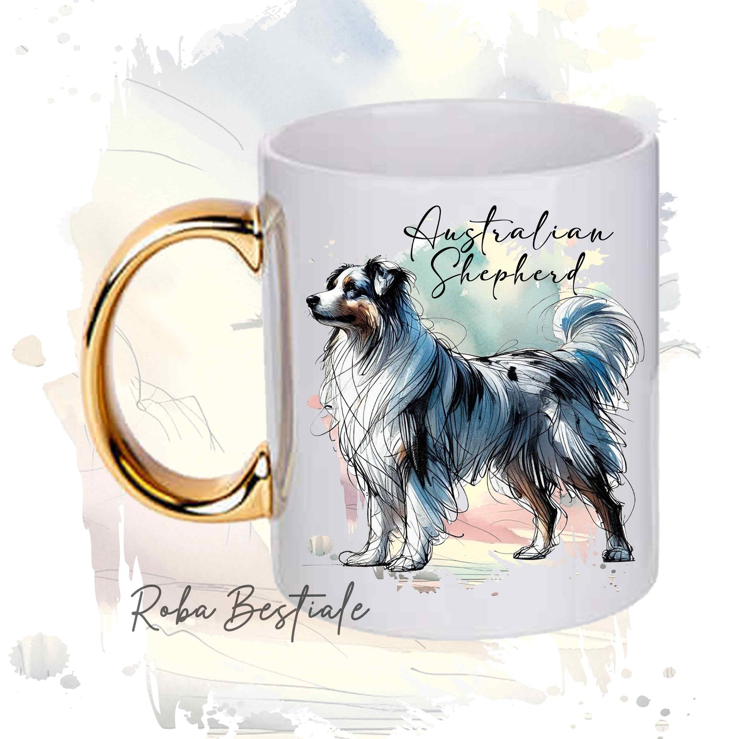 Tazza BEHAVIOR - AUSTRALIAN SHEPHERD Blue Merle - Standard FCI - In Ceramica, con manico dorato - 330 ml