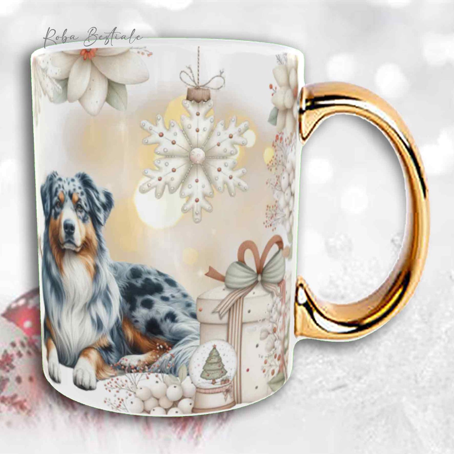 Tazza COZY WINTER - AUSTRALIAN SHEPHERD Blue Merle - In Ceramica, con manico color Oro - 330 ml