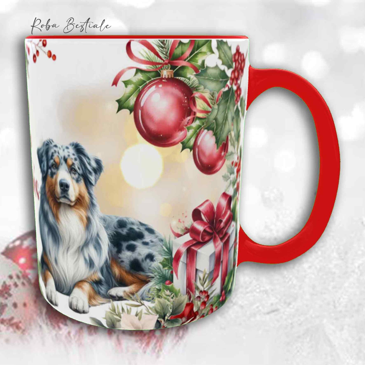 Tazza VINTAGE WINTER - AUSTRALIAN SHEPHERD Blue Merle - In Ceramica, con dettagli Rossi - 330 ml