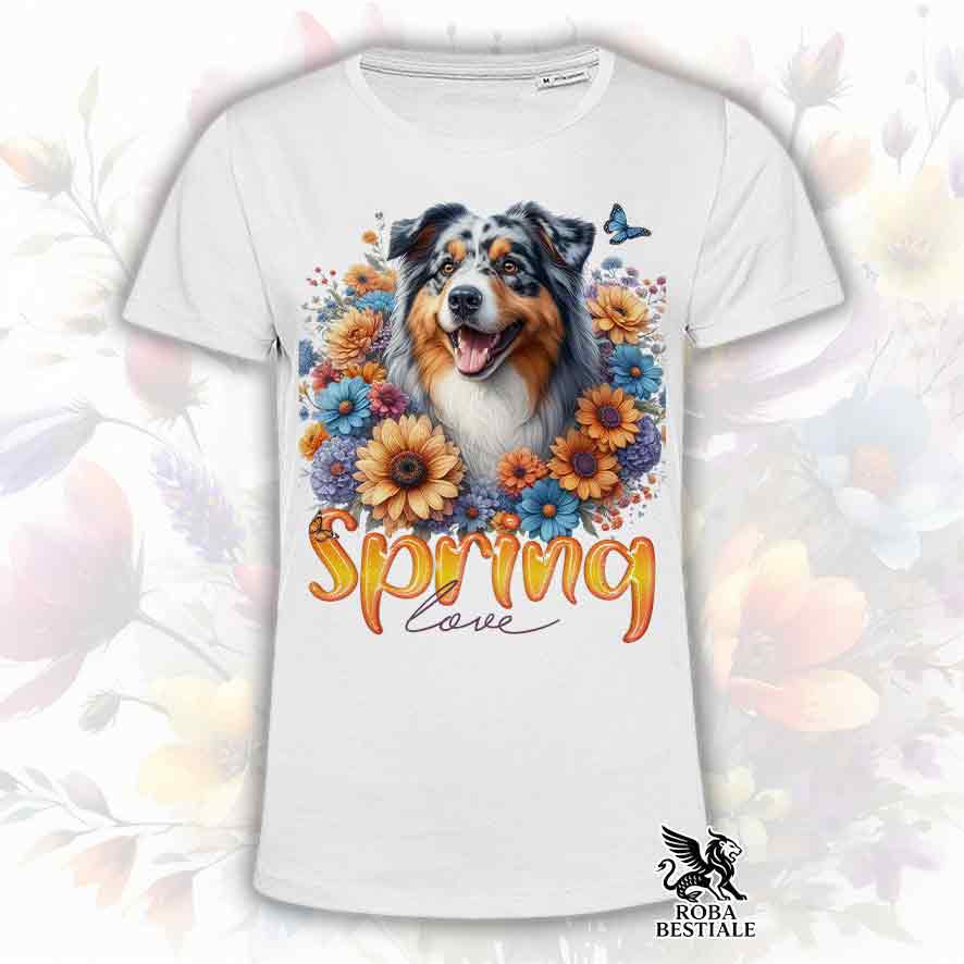 T-Shirt SPRING LOVE - AUSTRALIAN SHEPHERD Blue Merle - Bianca, Uomo o Donna - dalla XS alla 5XL