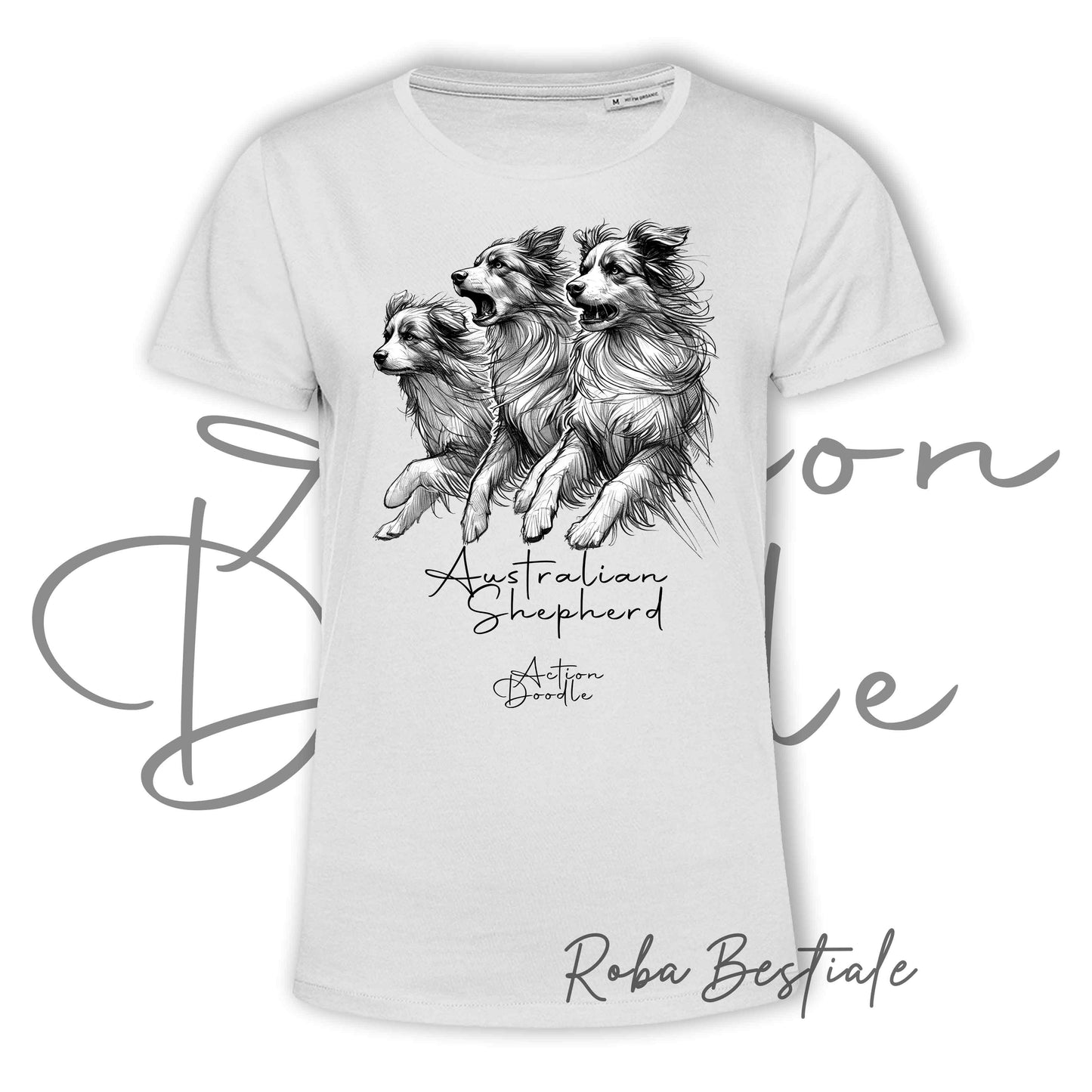 T-Shirt ACTION DOODLE - AUSTRALIAN SHEPHERD Blue Merle 1 - 100% Cotone, Bianca, Uomo o Donna - dalla XS alla 5XL