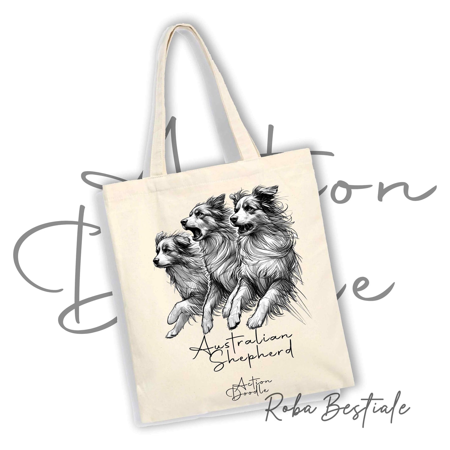 Shopper ACTION DOODLE - AUSTRALIAN SHEPHERD Blue Merle 1 - Diversi colori disponibili, 100% Cotone