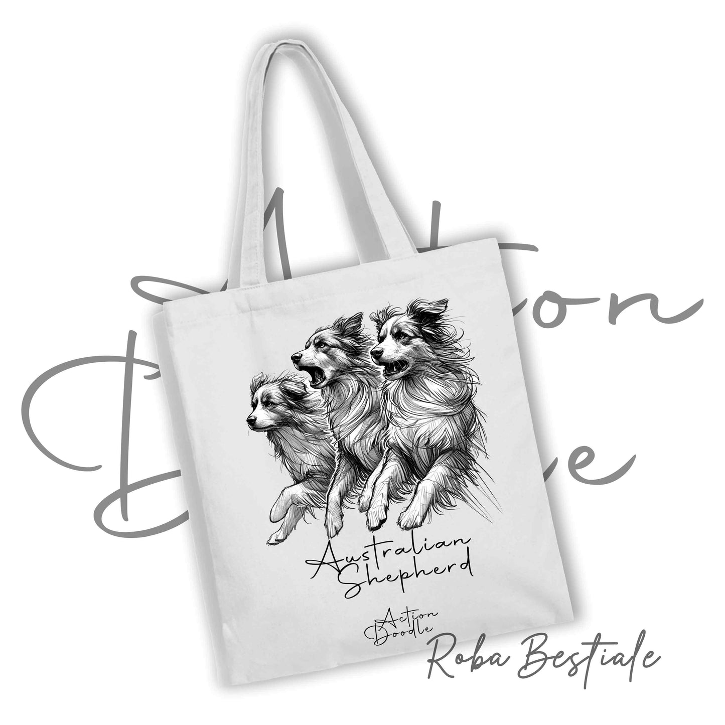 Shopper ACTION DOODLE - AUSTRALIAN SHEPHERD Blue Merle 1 - Diversi colori disponibili, 100% Cotone