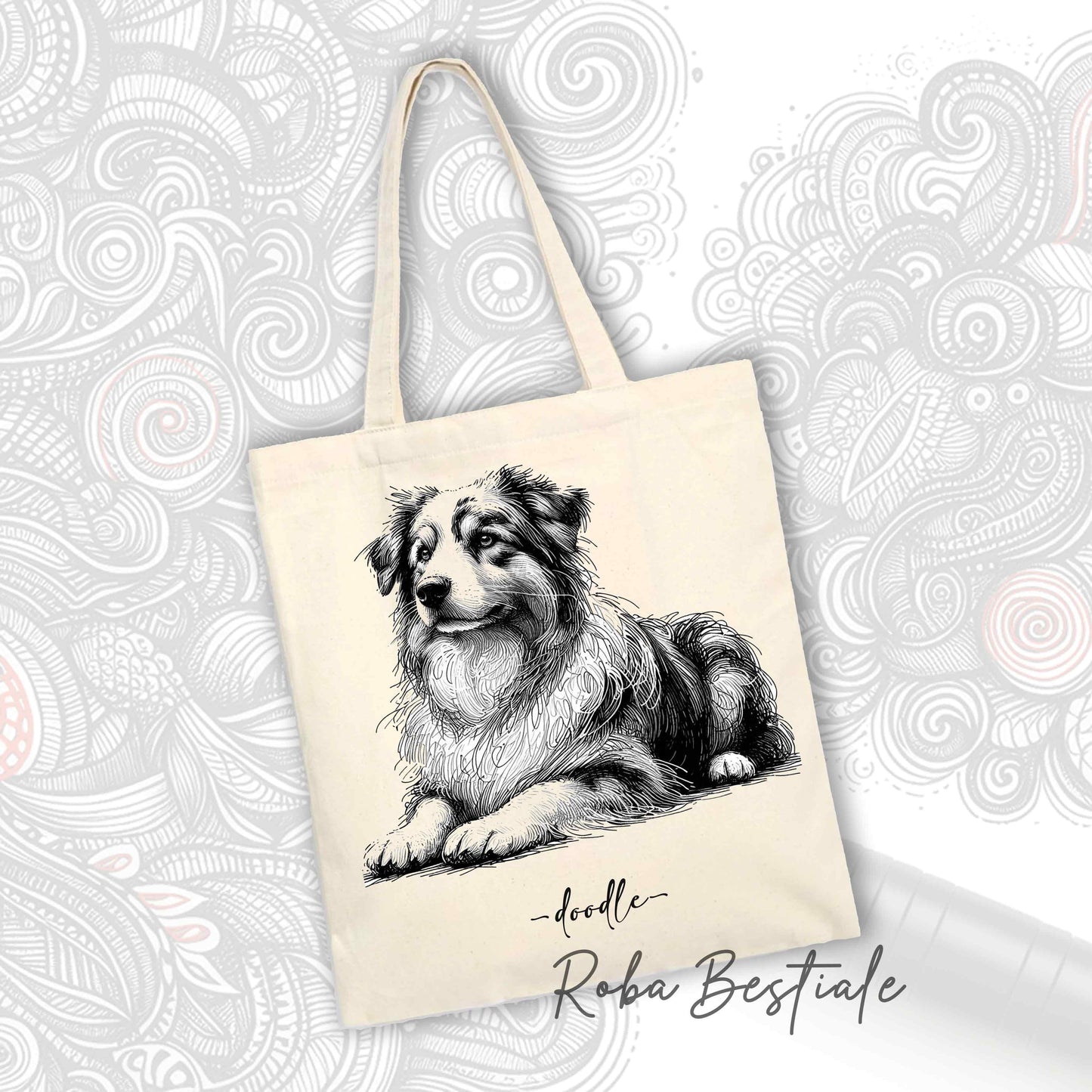Shopper DOODLE Elegance - AUSTRALIAN SHEPHERD - Diversi colori disponibili, 100% Cotone