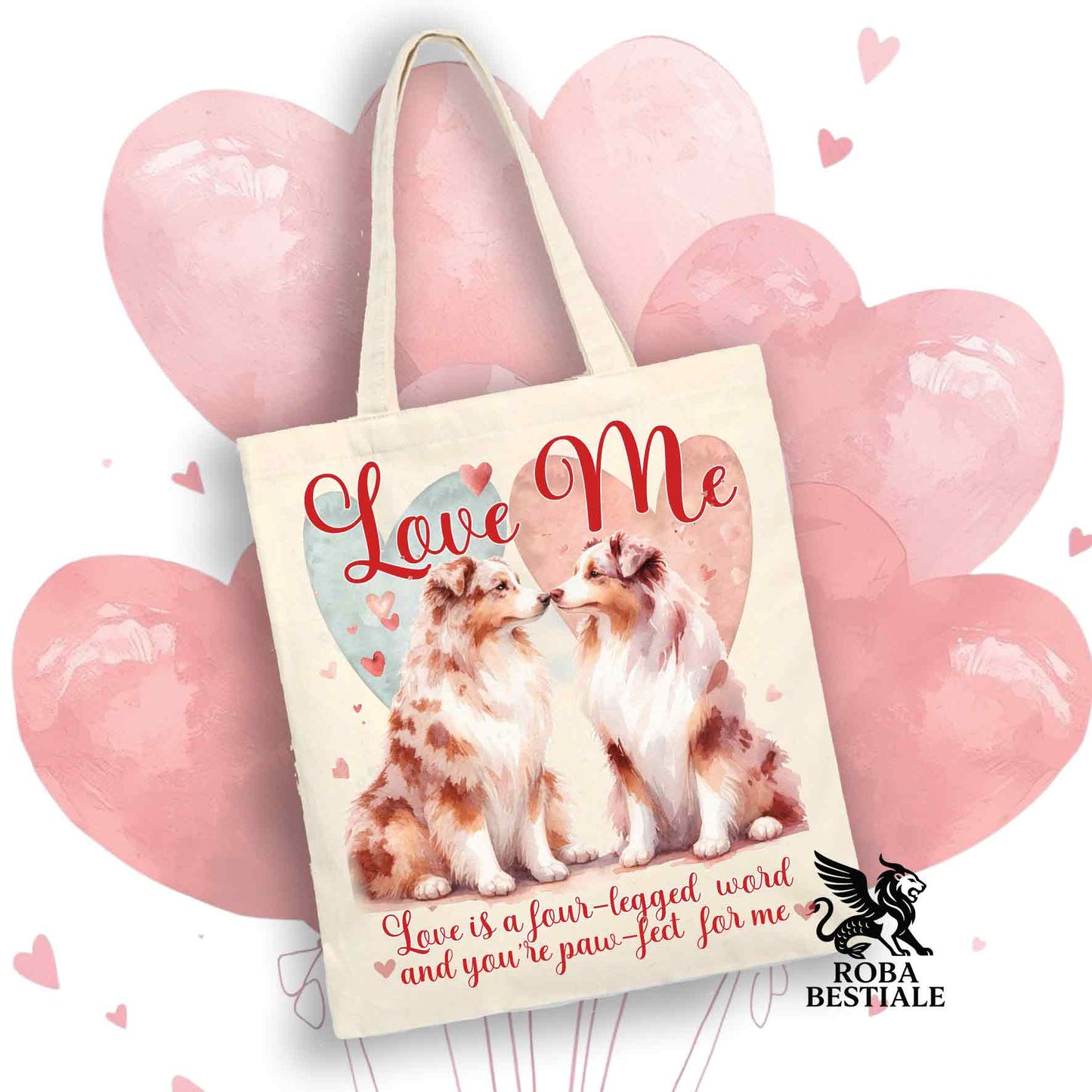 Tote Bag LOVE ME - AUSTRALIAN SHEPHERD Red Merle - 100% Cotone - Bianca o Beige