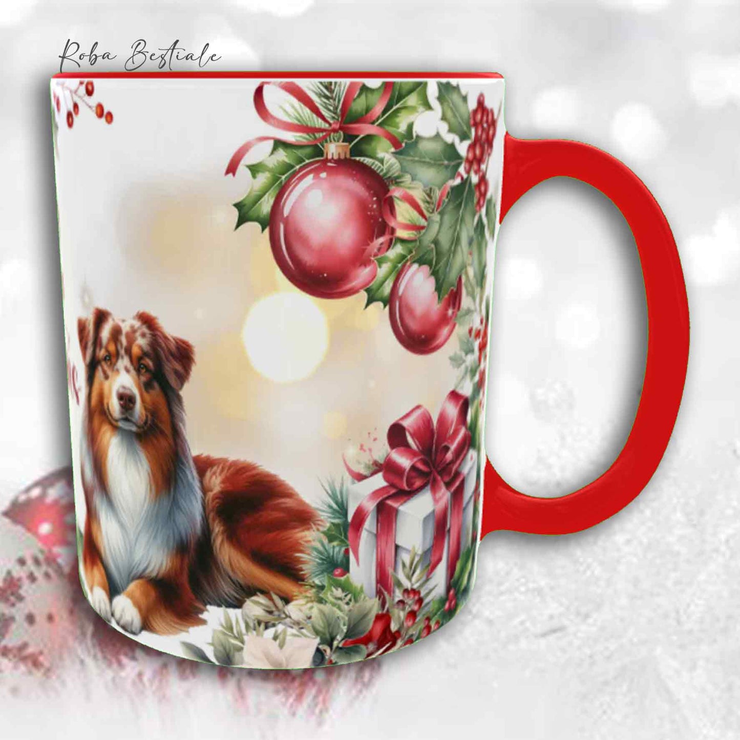 Tazza VINTAGE WINTER - AUSTRALIAN SHEPHERD Red Merle - In Ceramica, con dettagli Rossi - 330 ml