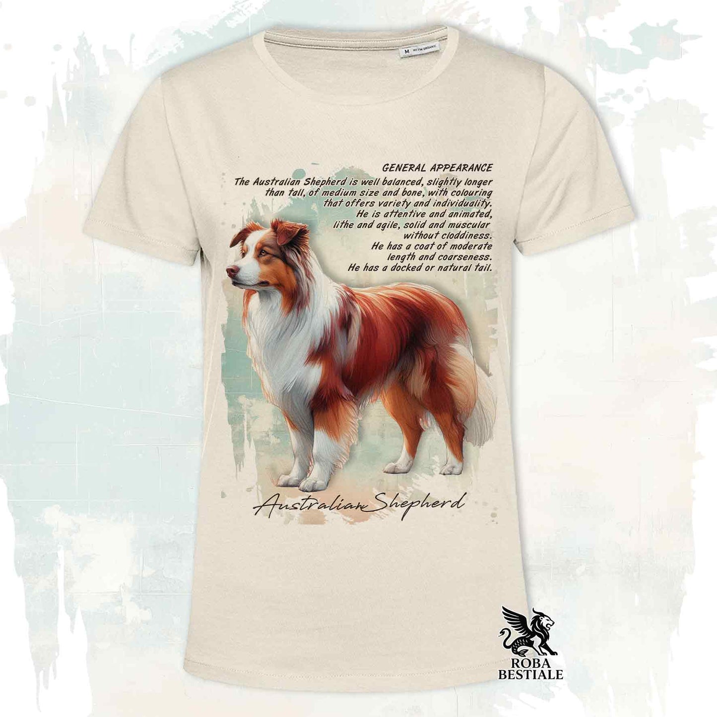 T-Shirt APPEARANCE - AUSTRALIAN SHEPHERD Red Tricolor - Bianca o Beige, da Uomo o da Donna - dalla XS alla 5XL