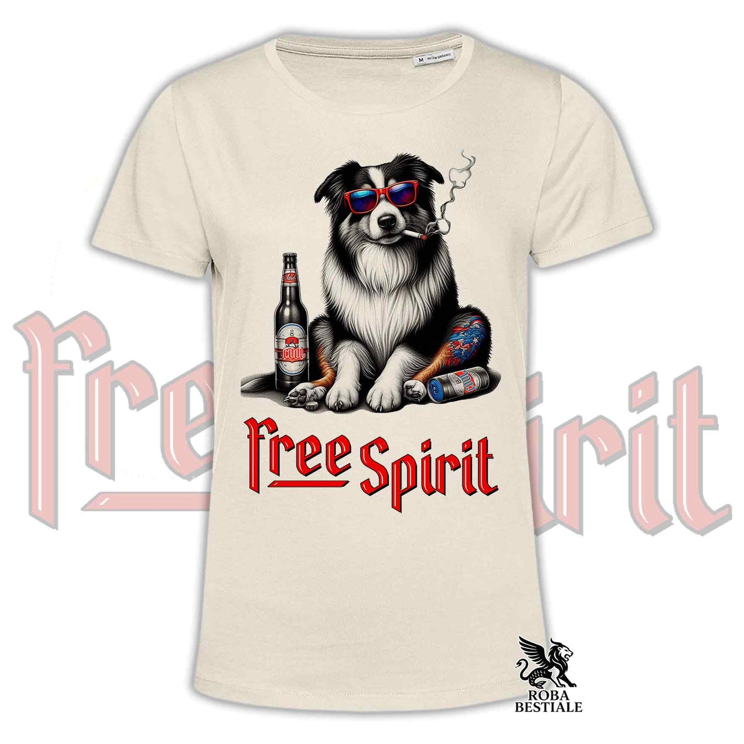 T-Shirt FREE SPIRIT - AUSTRALIAN SHEPHERD Tricolor - Bianca o Beige, da Uomo o da Donna - dalla XS alla 5XL