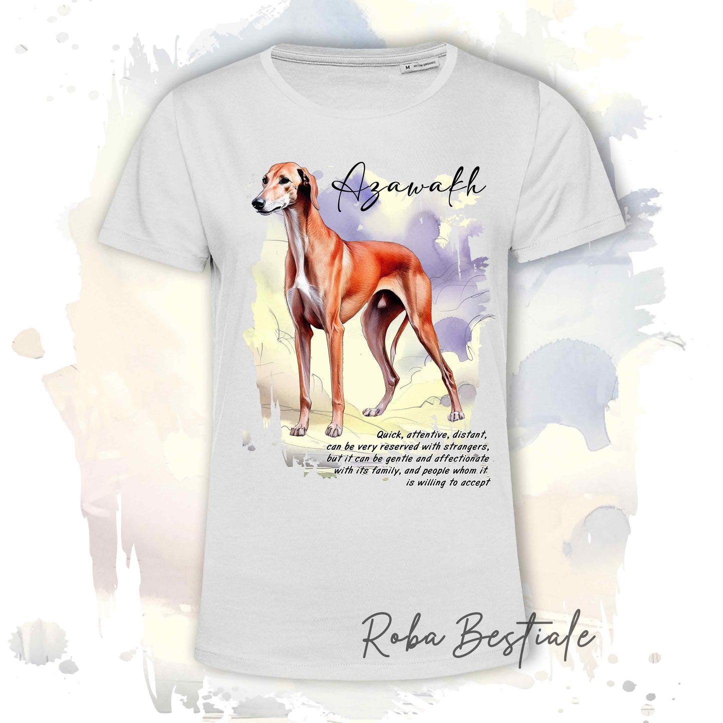 T-Shirt BEHAVIOR - AZAWAKH - Standard FCI - 100% Cotone, Bianca, Uomo o Donna - dalla XS alla 5XL