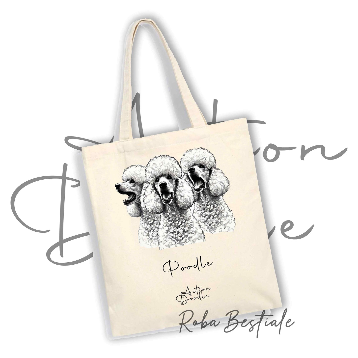 Shopper ACTION DOODLE - BARBONE Grande Mole Bianco 1 - Diversi colori disponibili, 100% Cotone