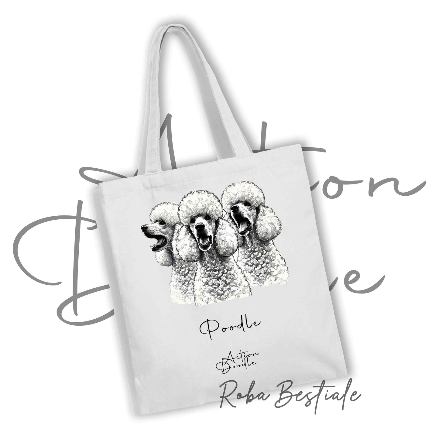 Shopper ACTION DOODLE - BARBONE Grande Mole Bianco 1 - Diversi colori disponibili, 100% Cotone