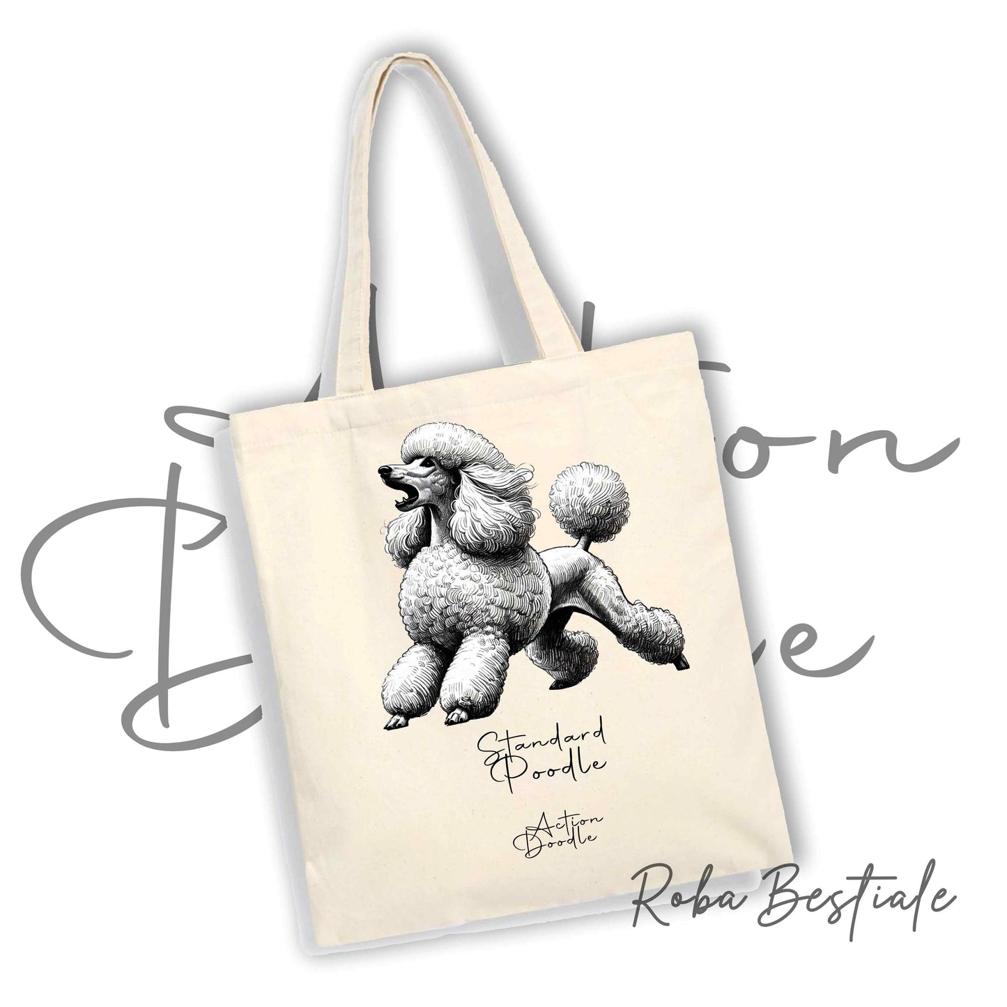 Shopper ACTION DOODLE - BARBONE Grande Mole Bianco 2 - Diversi colori disponibili, 100% Cotone
