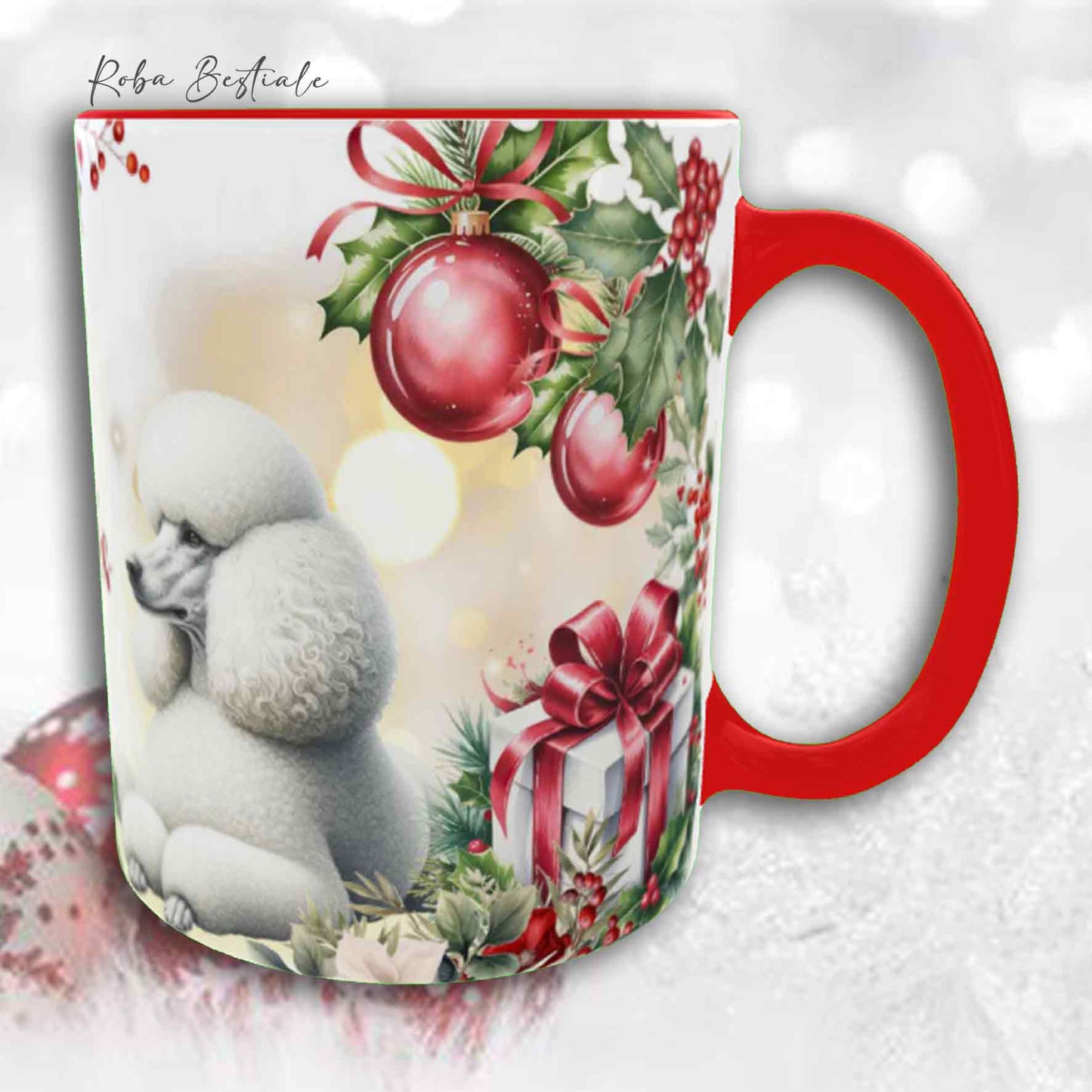 Tazza VINTAGE WINTER - BARBONE Grande Mole Bianco - In Ceramica, con dettagli Rossi - 330 ml