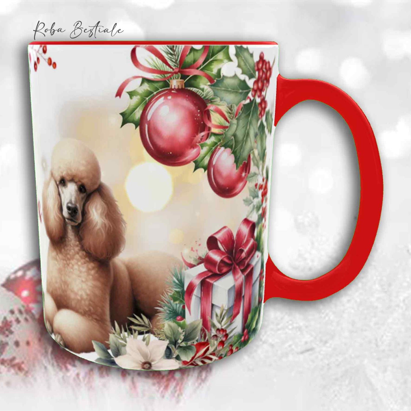 Tazza VINTAGE WINTER - BARBONE Grande Mole Fulvo - In Ceramica, con dettagli Rossi - 330 ml