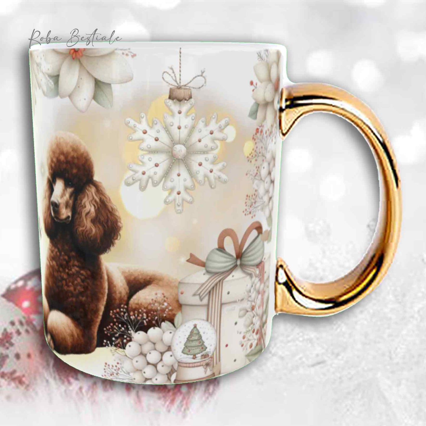 Tazza COZY WINTER - BARBONE Grande Mole Marrone - In Ceramica, con manico color Oro - 330 ml