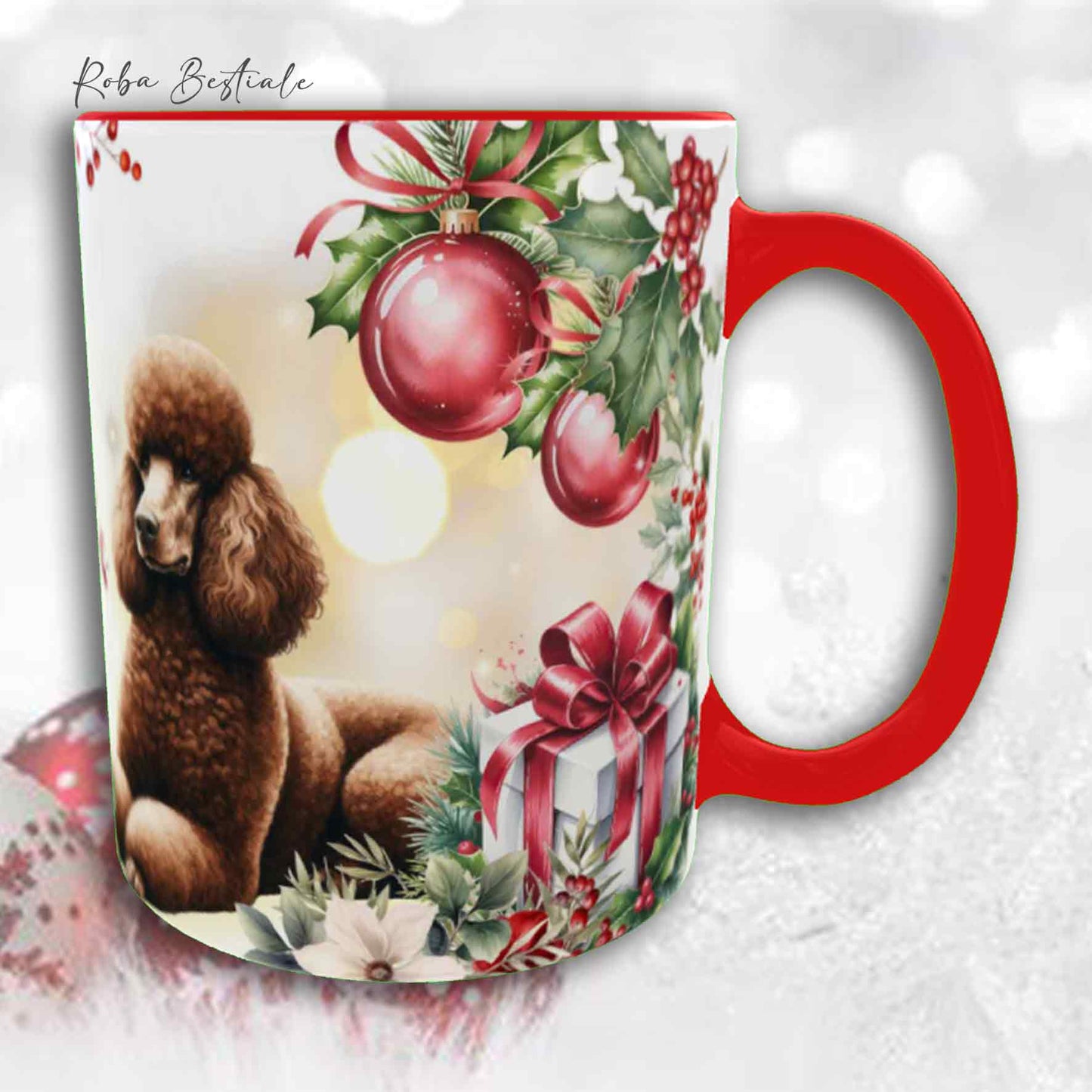 Tazza VINTAGE WINTER - BARBONE Grande Mole Marrone - In Ceramica, con dettagli Rossi - 330 ml