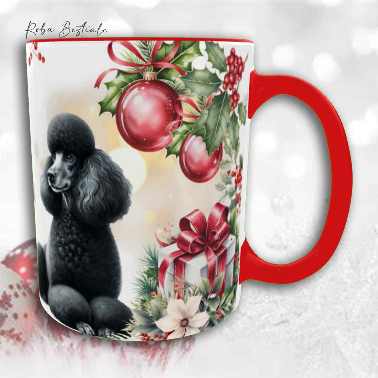 Tazza VINTAGE WINTER - BARBONE Grande Mole Nero - In Ceramica, con dettagli Rossi - 330 ml