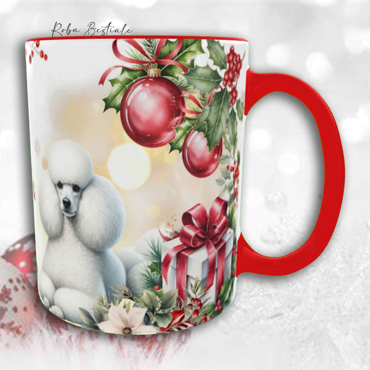 Tazza VINTAGE WINTER - BARBONE Media Mole Bianco - In Ceramica, con dettagli Rossi - 330 ml