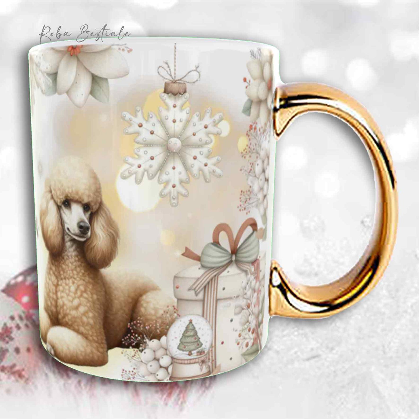 Tazza COZY WINTER - BARBONE Media Mole Fulvo - In Ceramica, con manico color Oro - 330 ml
