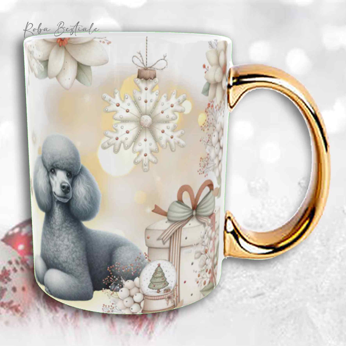 Tazza COZY WINTER - BARBONE Media Mole Grigio Argento - In Ceramica, con manico color Oro - 330 ml