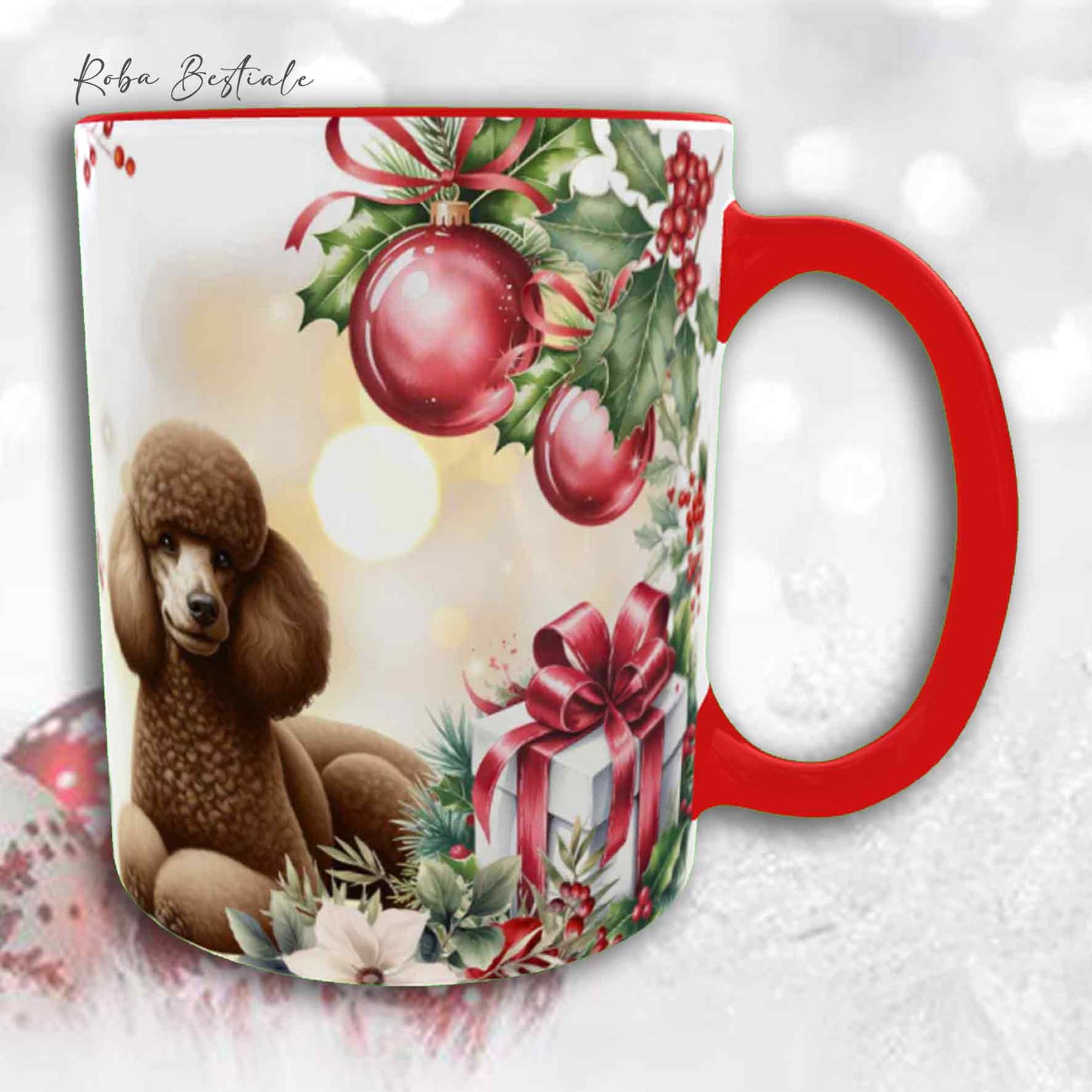 Tazza VINTAGE WINTER - BARBONE Media Mole Marrone - In Ceramica, con dettagli Rossi - 330 ml