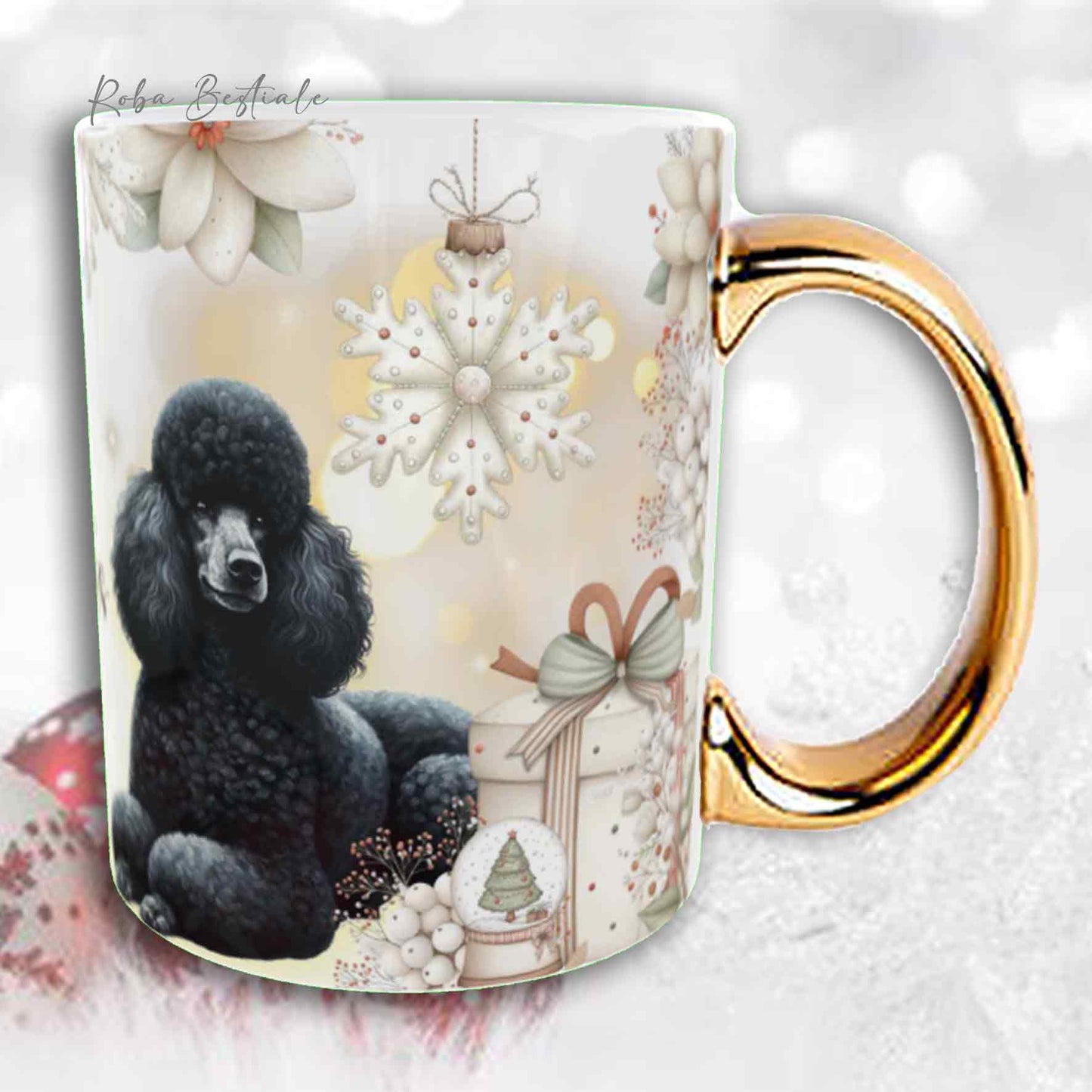 Tazza COZY WINTER - BARBONE Media Mole Nero - In Ceramica, con manico color Oro - 330 ml