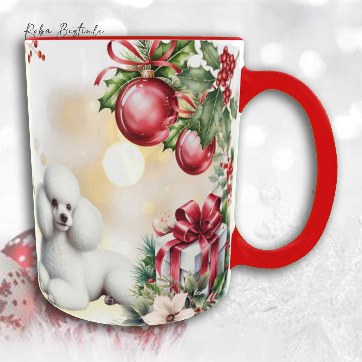 Tazza VINTAGE WINTER - BARBONE Nano Bianco - In Ceramica, con dettagli Rossi - 330 ml