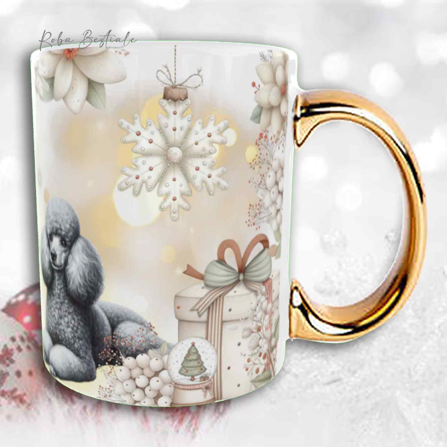 Tazza COZY WINTER - BARBONE Nano Grigio Argento - In Ceramica, con manico color Oro - 330 ml