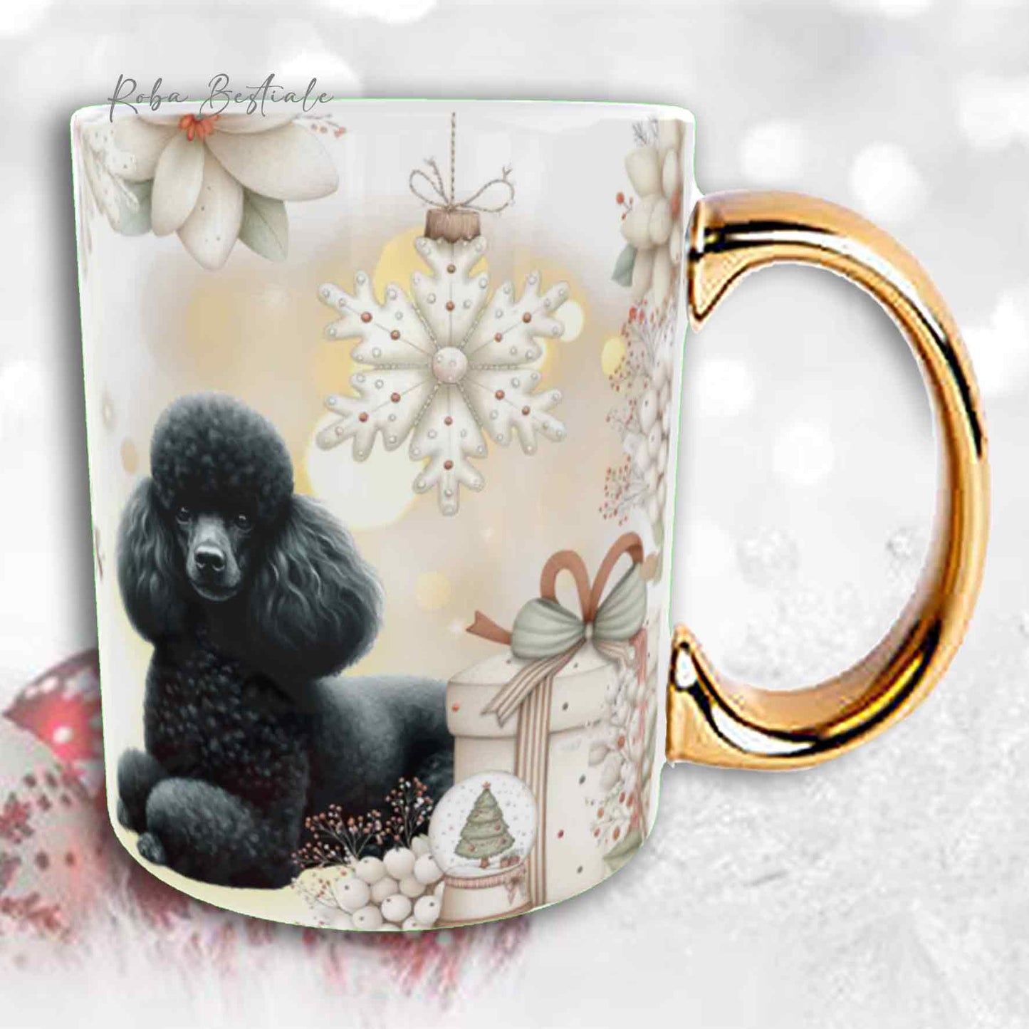 Tazza COZY WINTER - BARBONE Nano Nero - In Ceramica, con manico color Oro - 330 ml