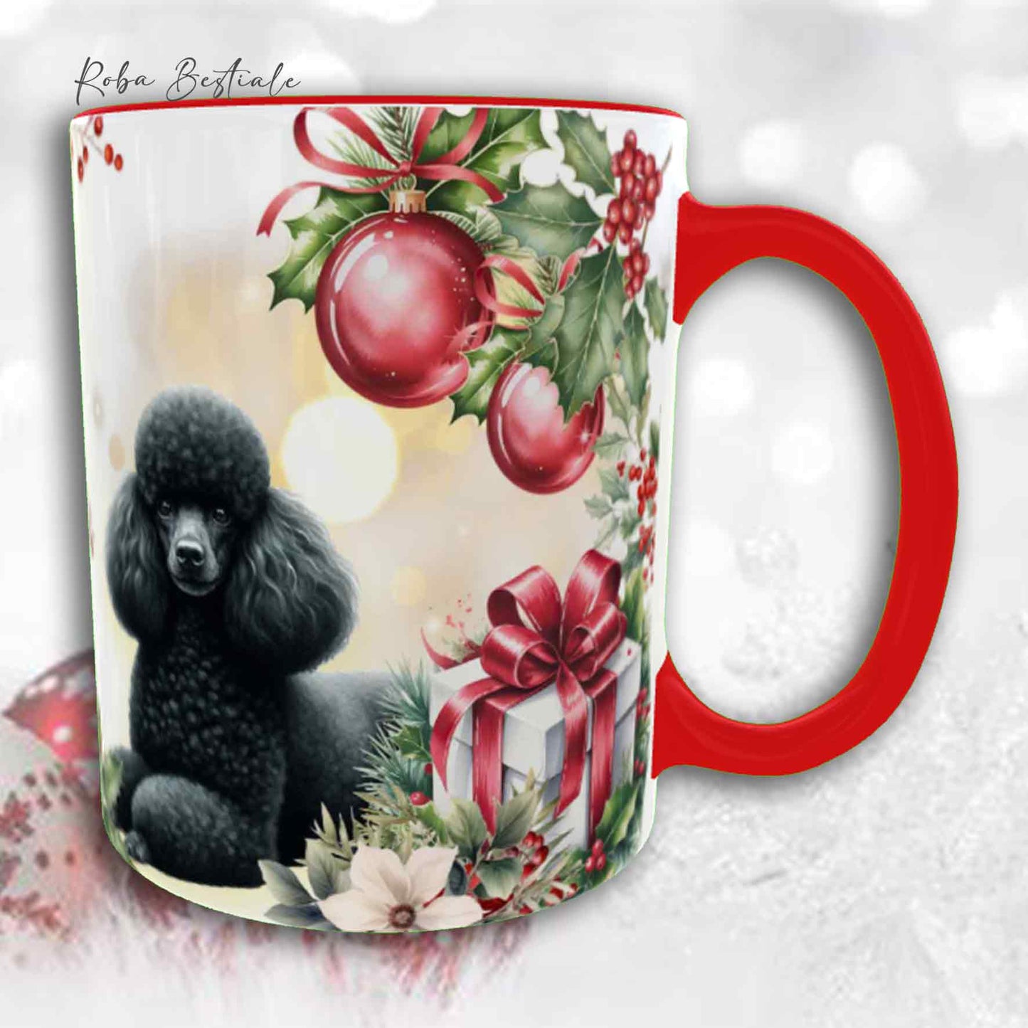 Tazza VINTAGE WINTER - BARBONE Nano Nero - In Ceramica, con dettagli Rossi - 330 ml