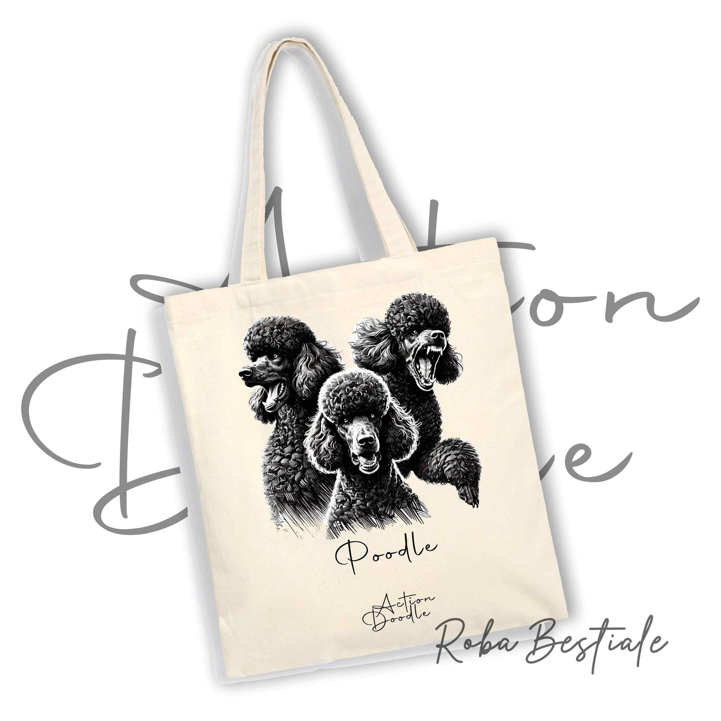 Shopper ACTION DOODLE - BARBONE Grande Mole Nero 1 - Diversi colori disponibili, 100% Cotone