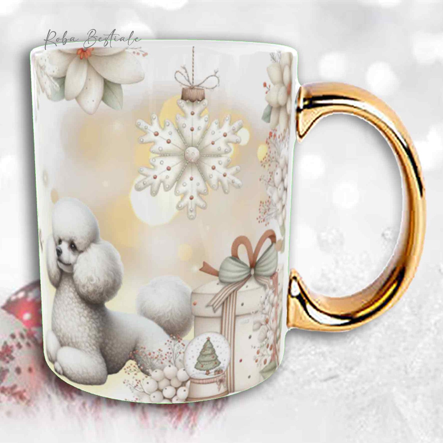 Tazza COZY WINTER - BARBONE Toy Bianco - In Ceramica, con manico color Oro - 330 ml