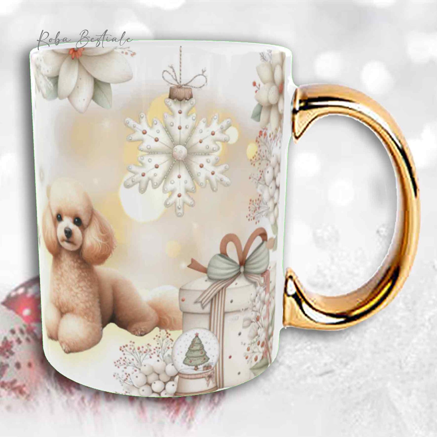 Tazza COZY WINTER - BARBONE Toy Fulvo - In Ceramica, con manico color Oro - 330 ml