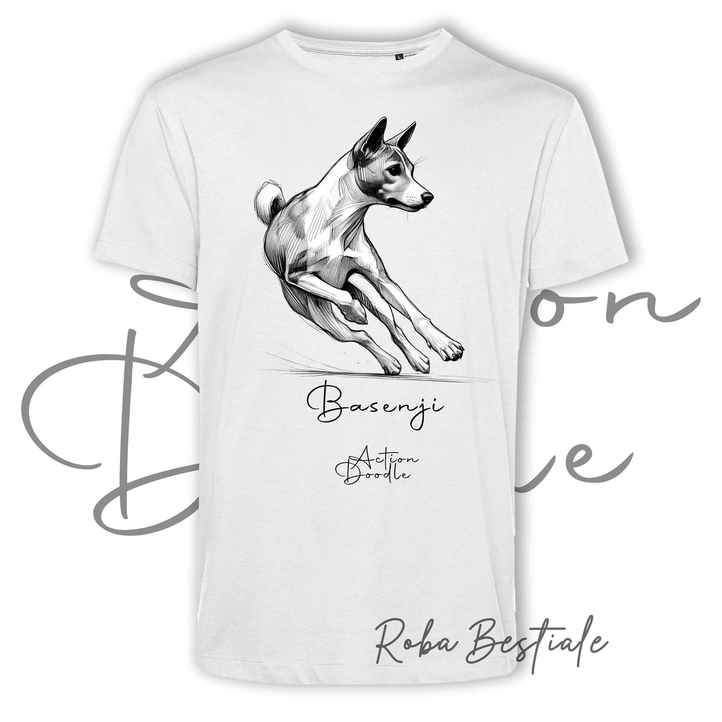 T-Shirt ACTION DOODLE - BASENJI 1 - 100% Cotone, Bianca, Uomo o Donna - dalla XS alla 5XL
