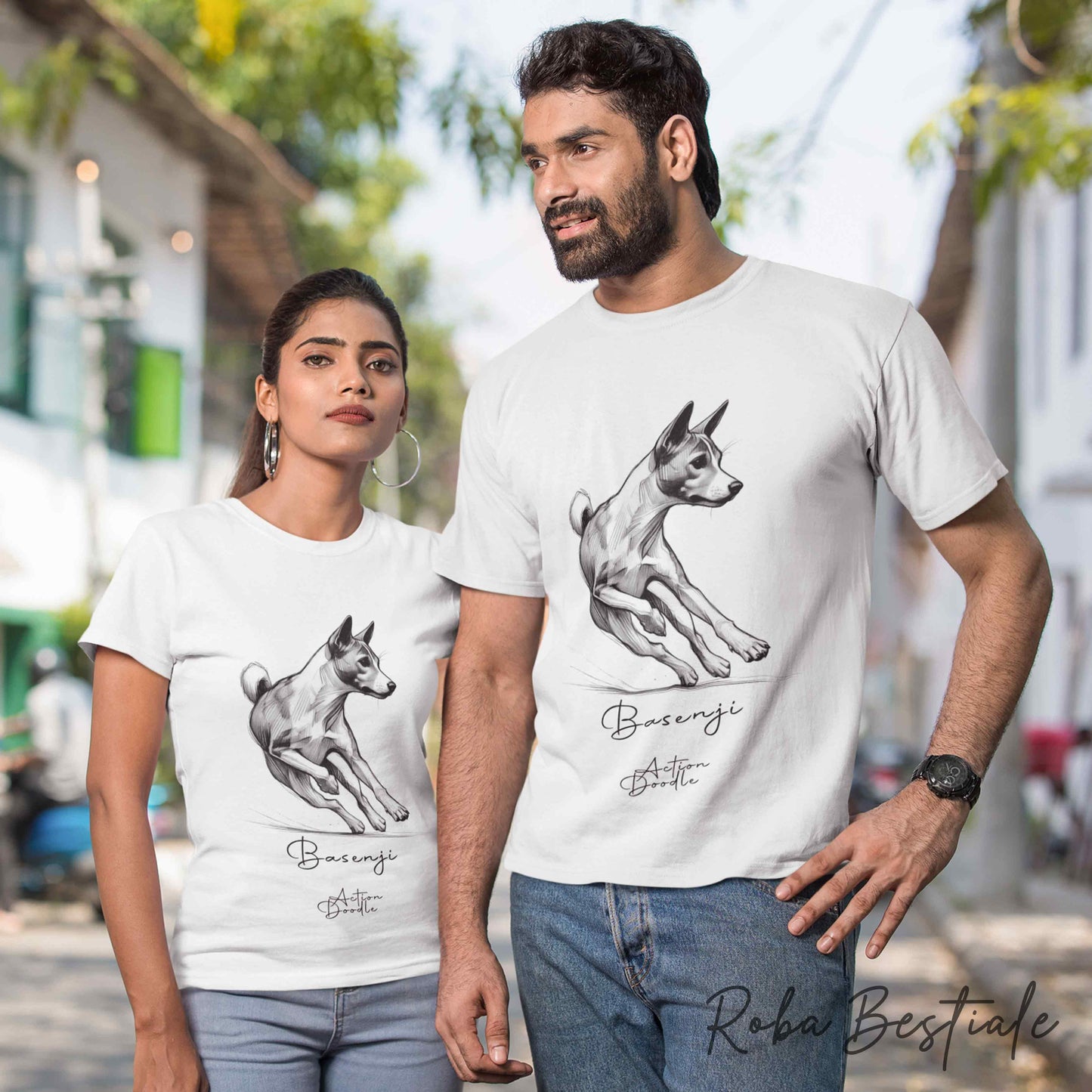 T-Shirt ACTION DOODLE - BASENJI 1 - 100% Cotone, Bianca, Uomo o Donna - dalla XS alla 5XL
